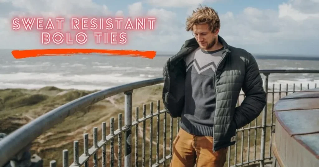 Sweat resistant bolo tie on denim shirt, featuring stainless steel tips and synthetic cord.