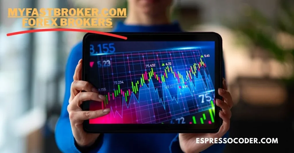 MyFastBroker mobile app with real-time forex charts and trading tools on smartphone screen.