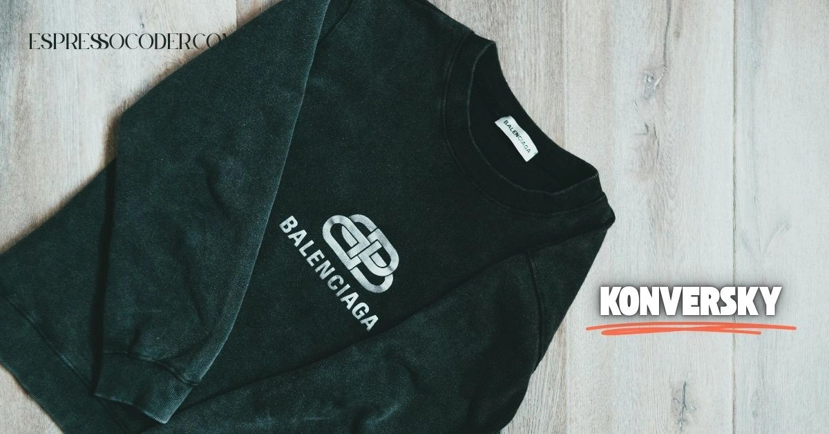Konversky brand label inside minimalist black sweatshirt.