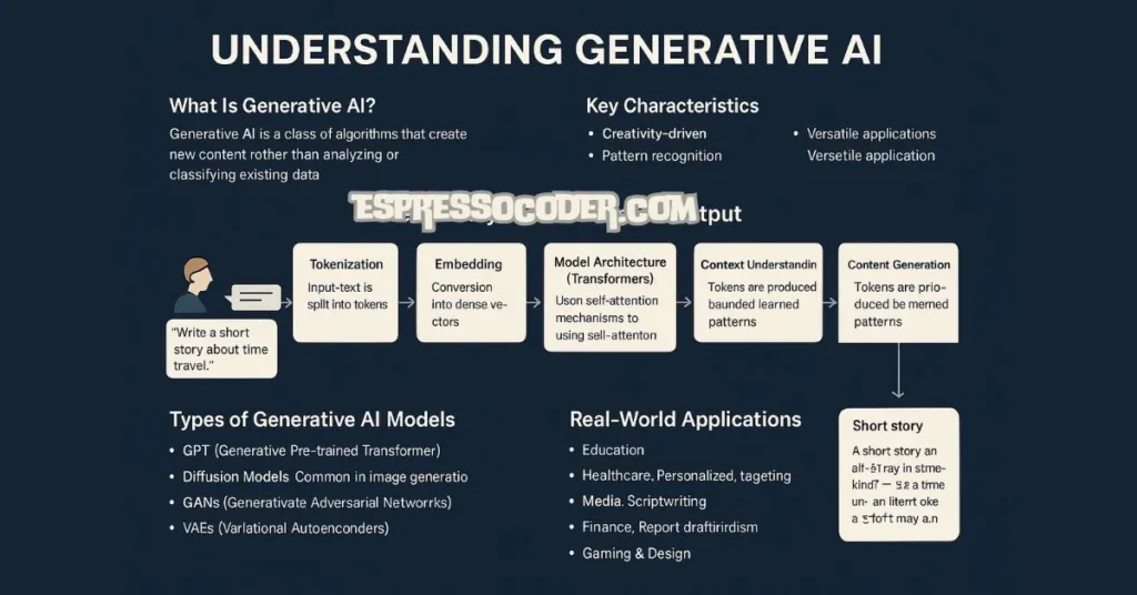 Generative AI infographic showing prompt-to-output process, model types, and applications.