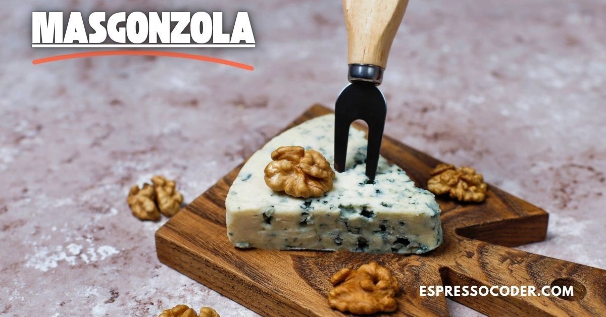 Masgonzola cheese on a rustic cheese board with walnuts and fresh bread.