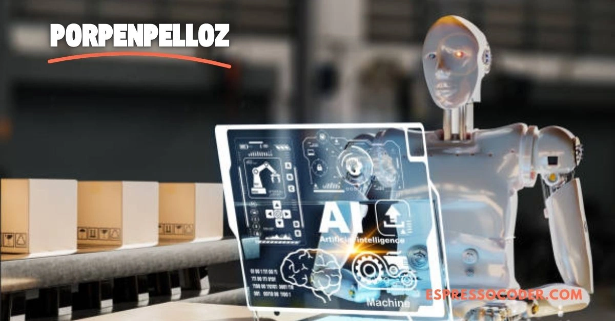 AI robot automating factory processes using Porpenpelloz framework for efficiency and waste reduction.