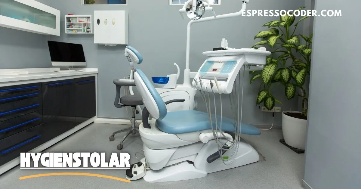 Modern hygienstol in dental clinic with overhead light and adjustable armrest.