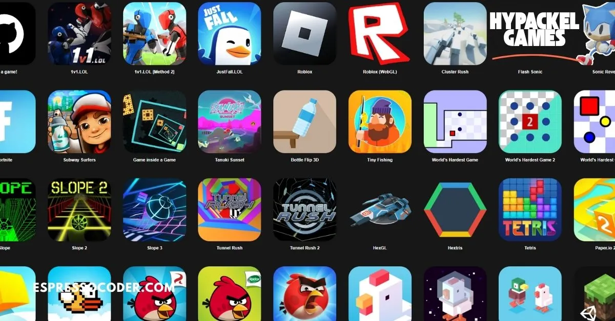 Hypackel Games homepage with featured indie games and account login panel.