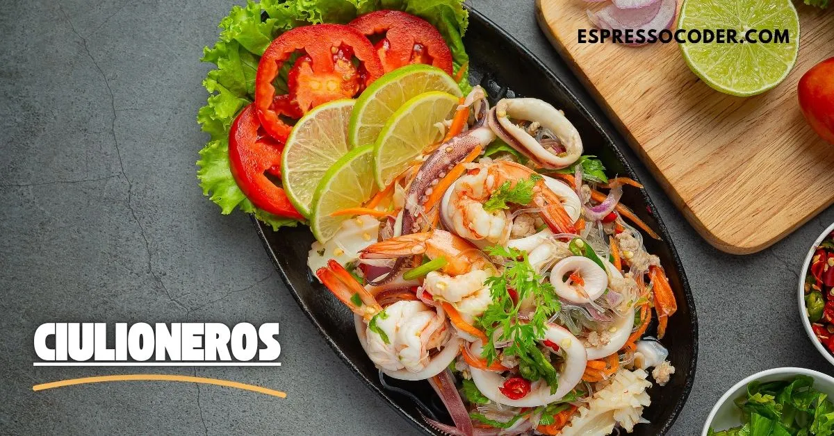 Grilled Ciulioneros seafood topped with lime slices, cilantro, and colorful herbs.
