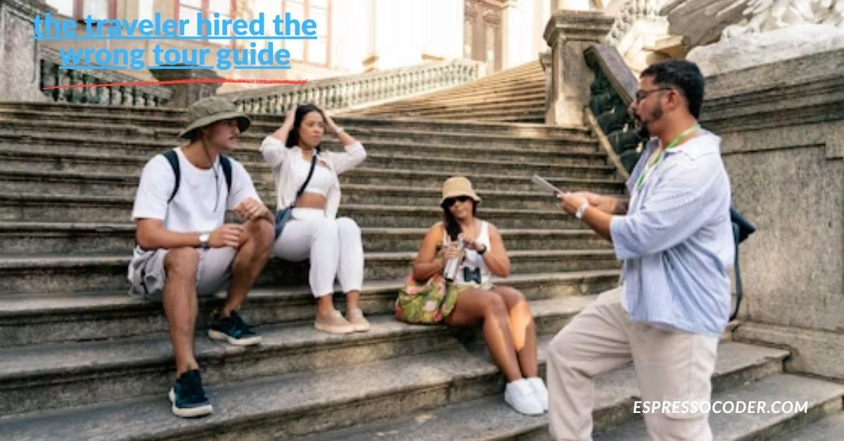 Tour guide distracted on phone during sightseeing tour, ignoring tourist questions.