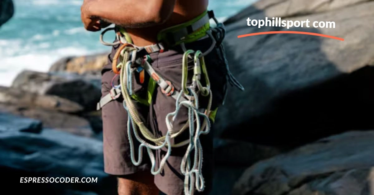 Side-by-side comparison of climbing harnesses with weight, material, and size chart info.