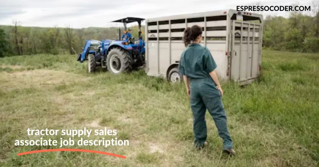 Tractor Supply sales associate advising customer in livestock feed aisle.