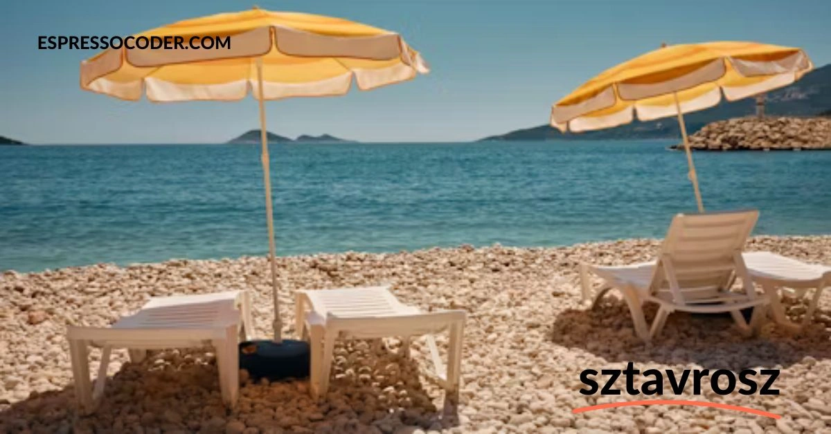 Tourists relaxing on sandy Sztavrosz beach with clear blue Aegean Sea in background.