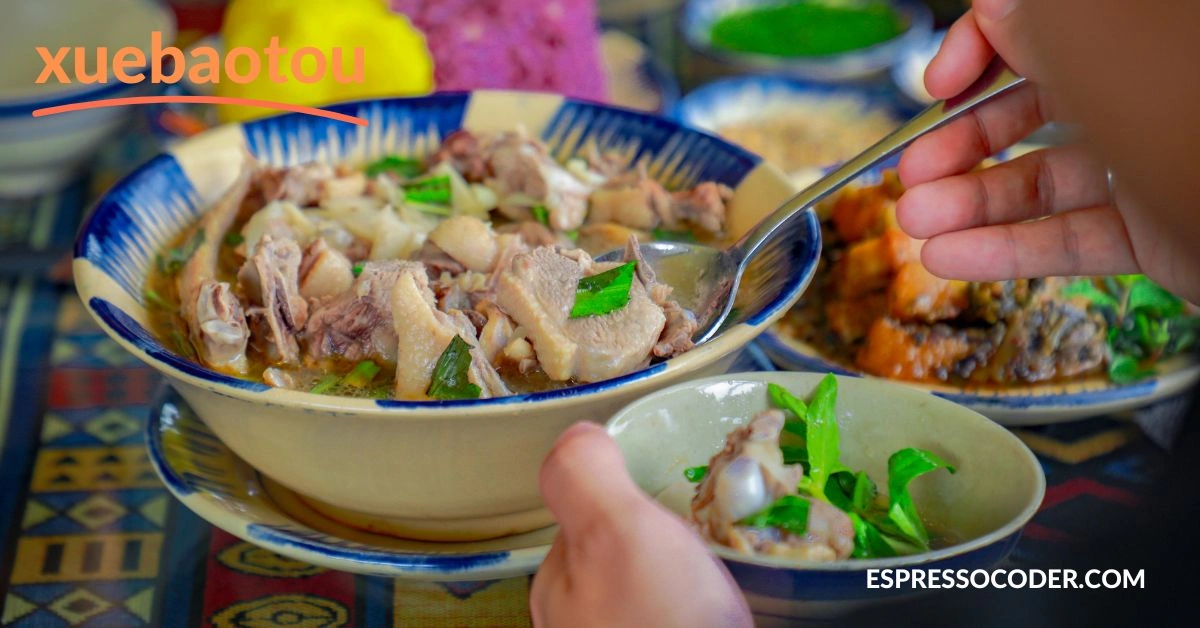 Xuebaotou braised lamb shank with local herbs on traditional pottery.