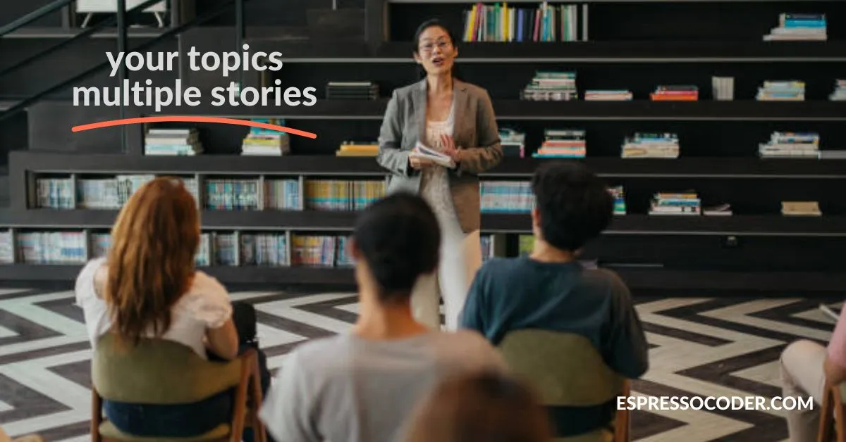 Teacher explaining a topic using multiple stories in a classroom setting