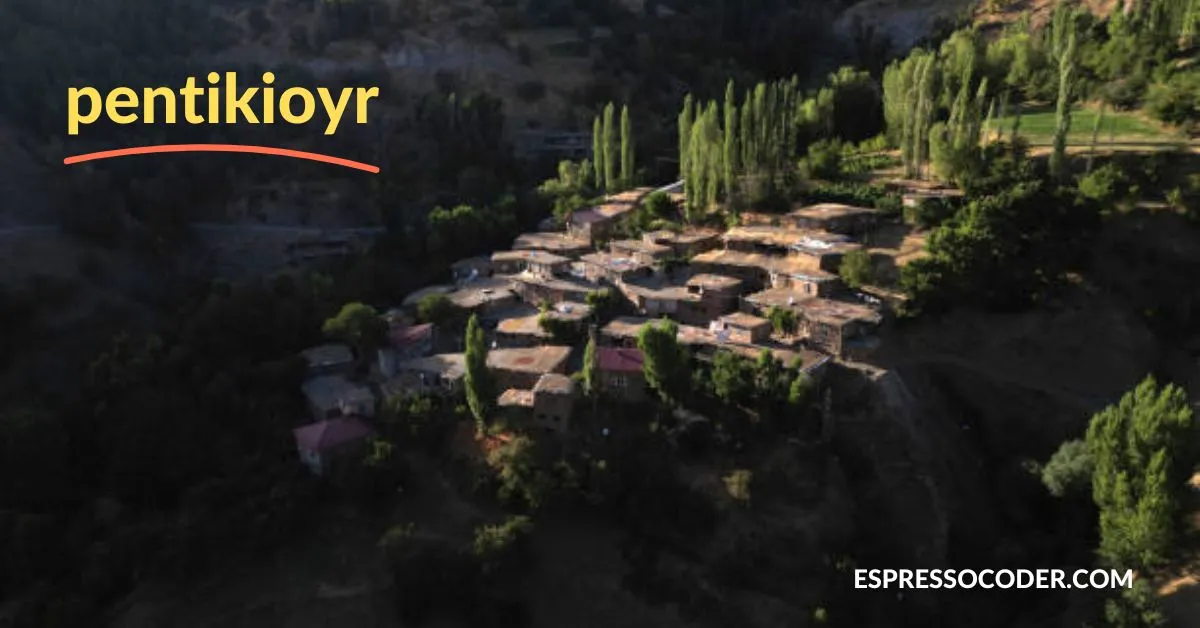 Aerial view of Pentikioyr with stone houses, lush hills, and winding cobblestone streets.