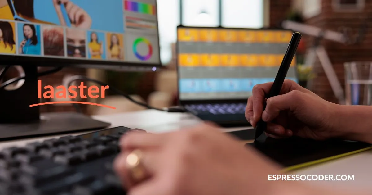 Laaster storytelling interface with drag-and-drop editor and multimedia integration tools.