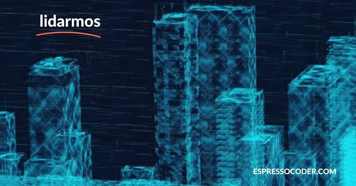 Lidar-generated 3D point cloud showing urban landscape and building structure.