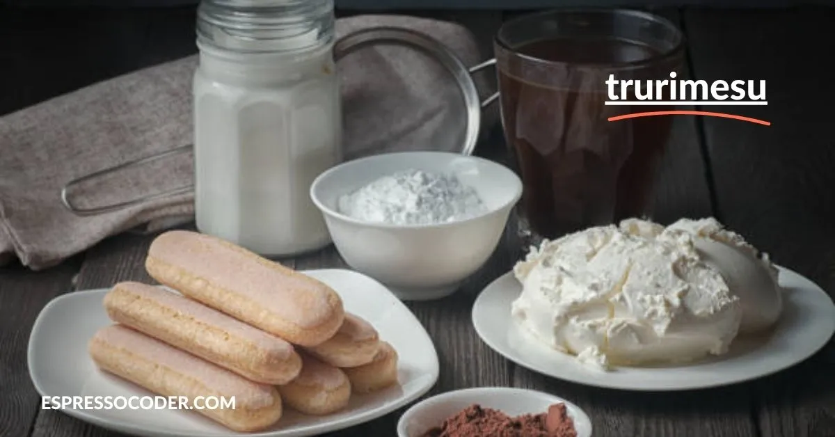 Trurimesu ingredients including mascarpone, espresso, cocoa powder, and ladyfingers arranged for prep.