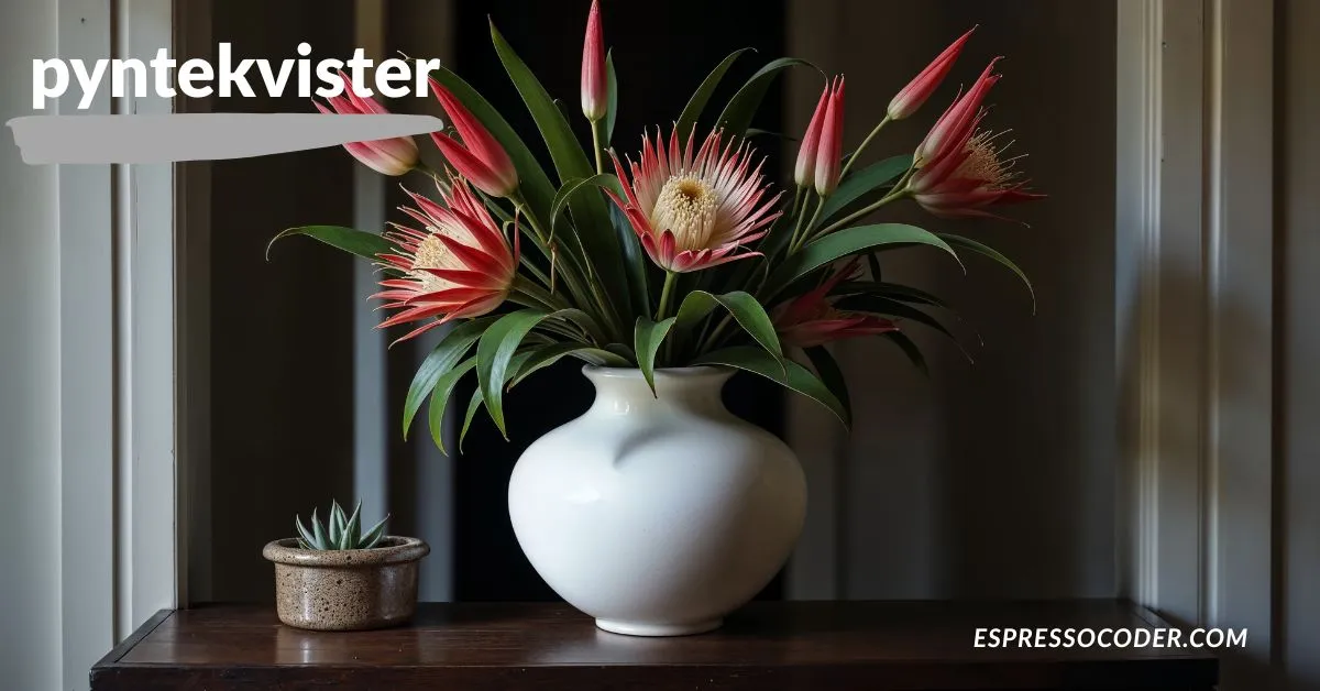 Colorful painted pyntekvister in modern ceramic jar on wooden table.