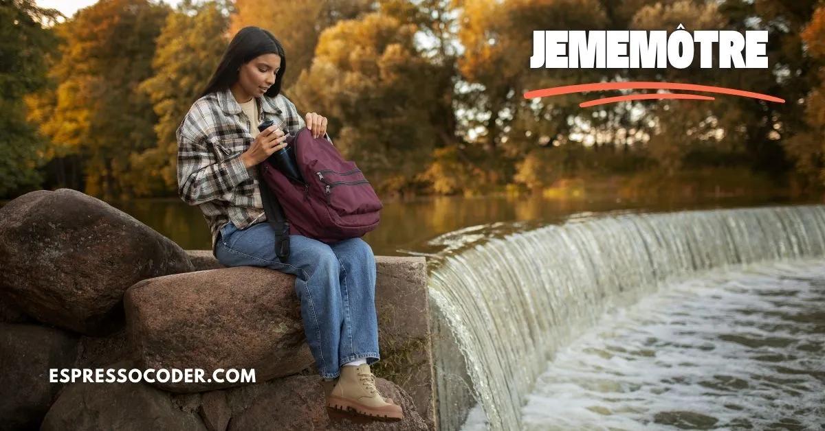 Solo traveler journaling by sunset lake, expressing jememôtre in emotional travel identity.