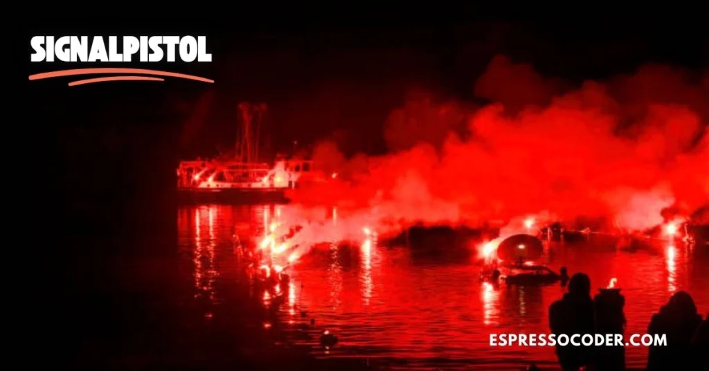 Mariner uses signalpistol to fire red distress flare during nighttime sea emergency.