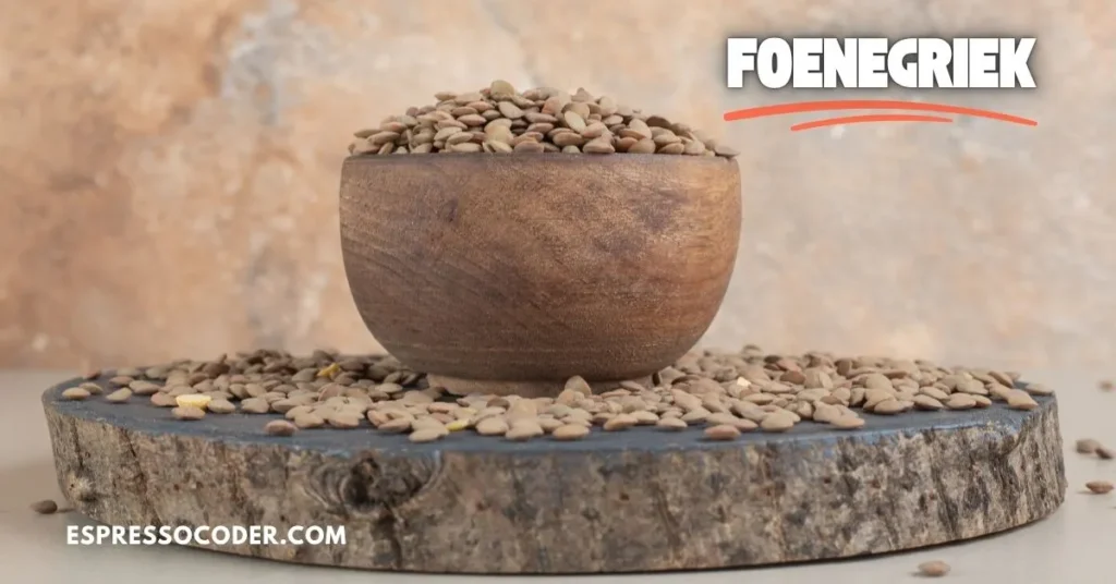 Foenegriek seeds in wooden bowl on rustic table, used as spice and herbal remedy.