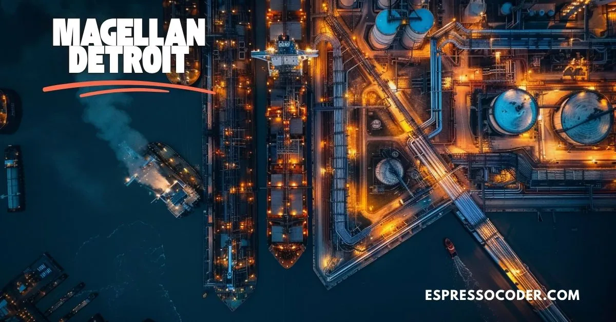 Aerial view of Detroit smart logistics hub with connected freight corridors and digital infrastructure.