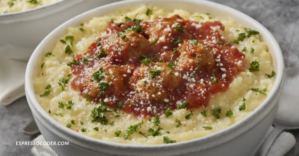 Traditional Italian palentu served creamy in a wooden bowl with herbs.