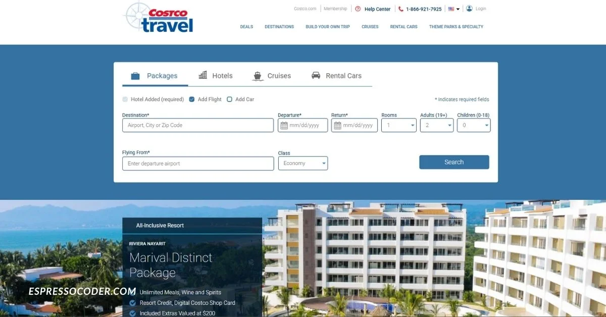 Costco Travel website homepage showing vacation deals and booking options.