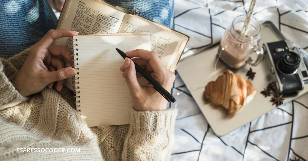 Authentic living journaling practice with coffee for self-reflection.