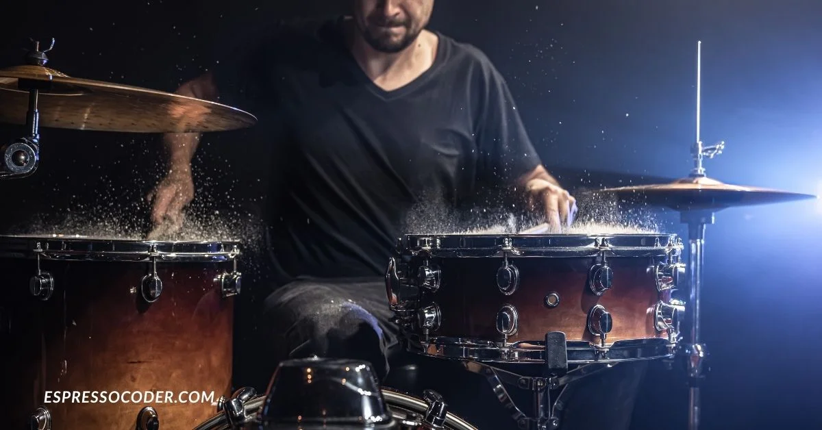 Drummer using sticks on closed hi-hat cymbals for crisp sound.