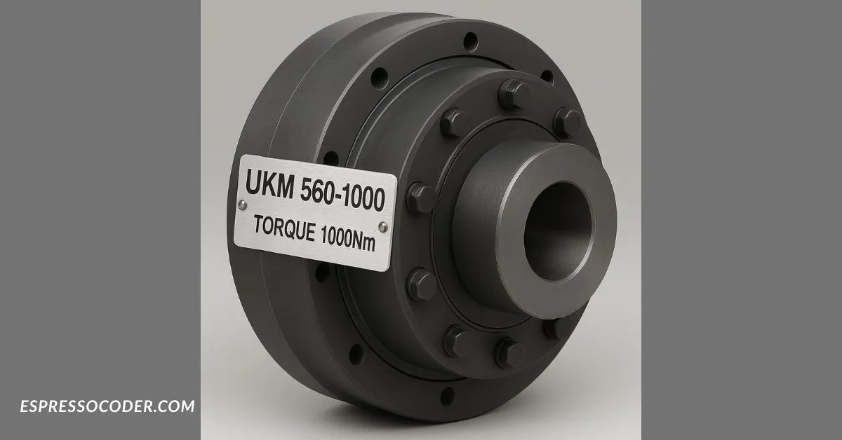 ukm 560-1000-2 industrial coupling with steel housing and torque specification plate.