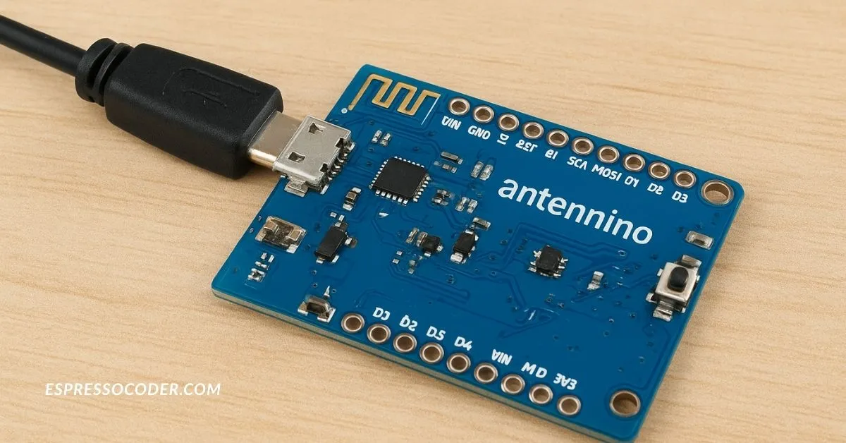 Antennino wireless development board close-up with USB cable connection.