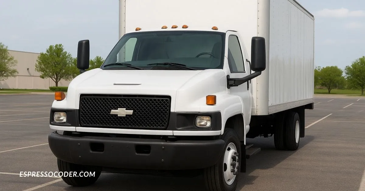 2009 Chevrolet C6500 box truck 13'6 front view in outdoor parking lot.