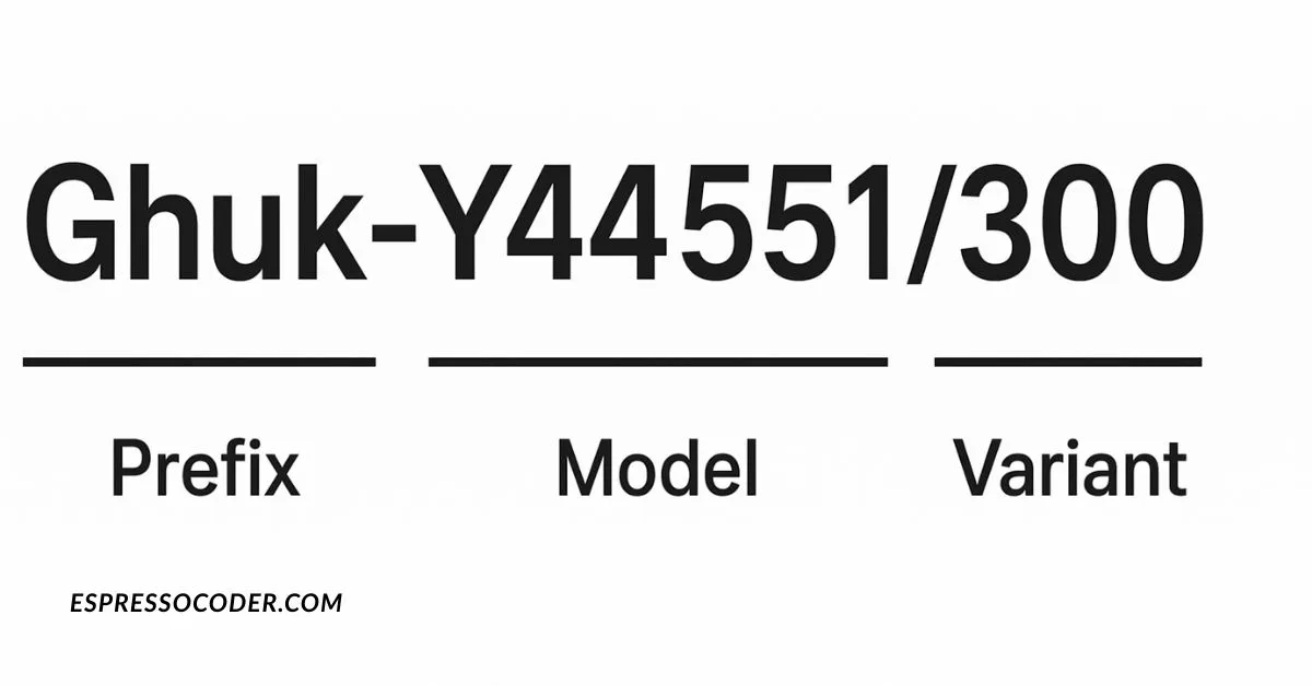 Ghuk-Y44551/300 code breakdown into prefix, model, and variant sections.