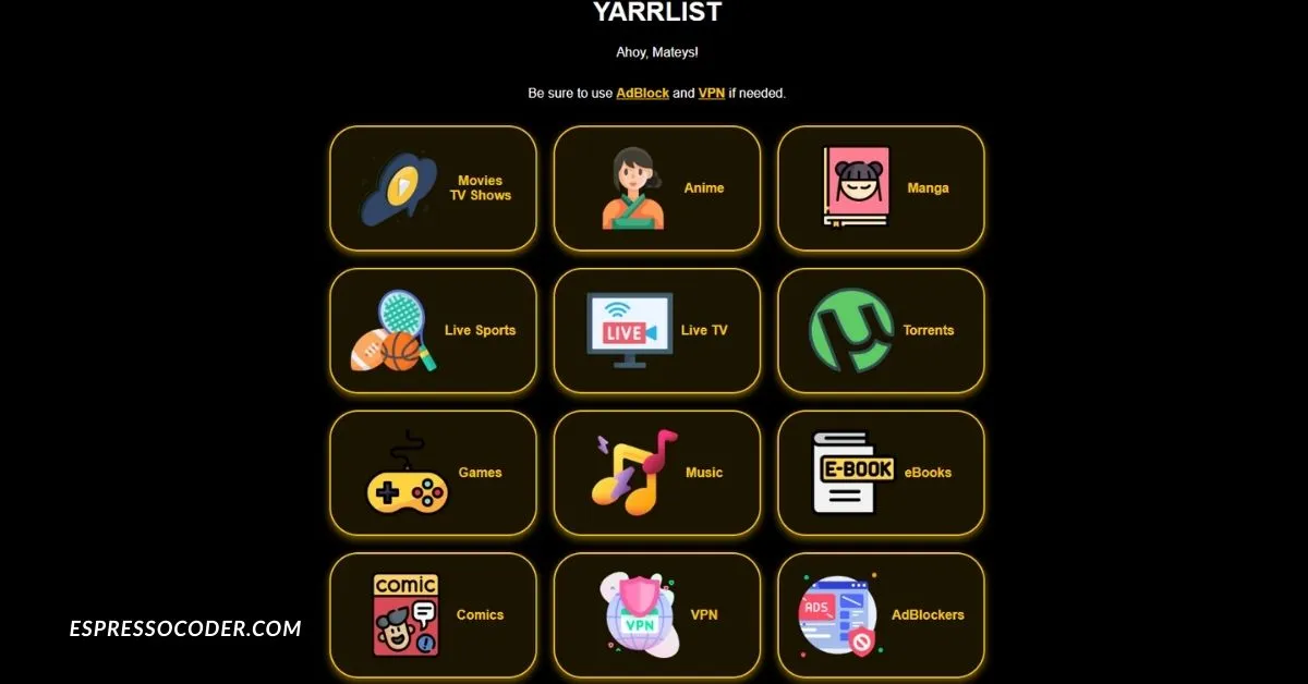YarrList homepage showing free content index navigation.