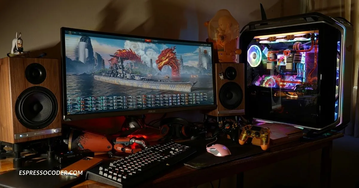 Experimental foullrop85j.08.47h gaming setup with custom PC build and benchmark screen.
